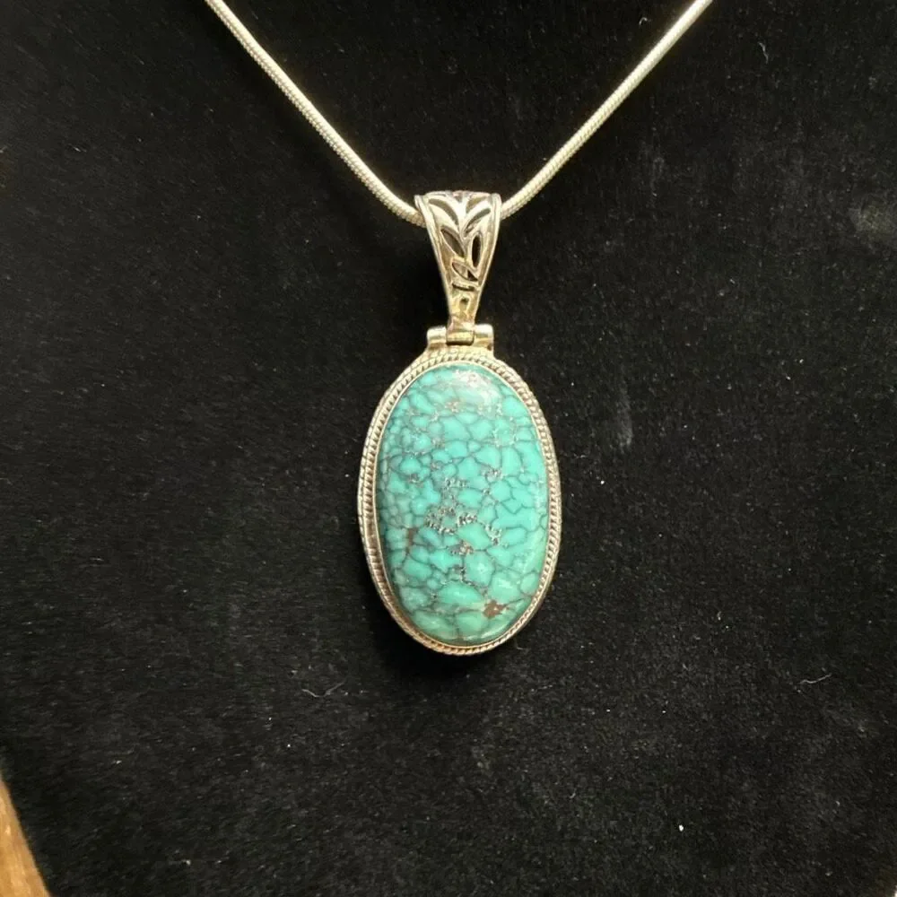 Sterling Silver Spiderweb Turquoise Pendant Large Oval Blue Stone Statement 12.6